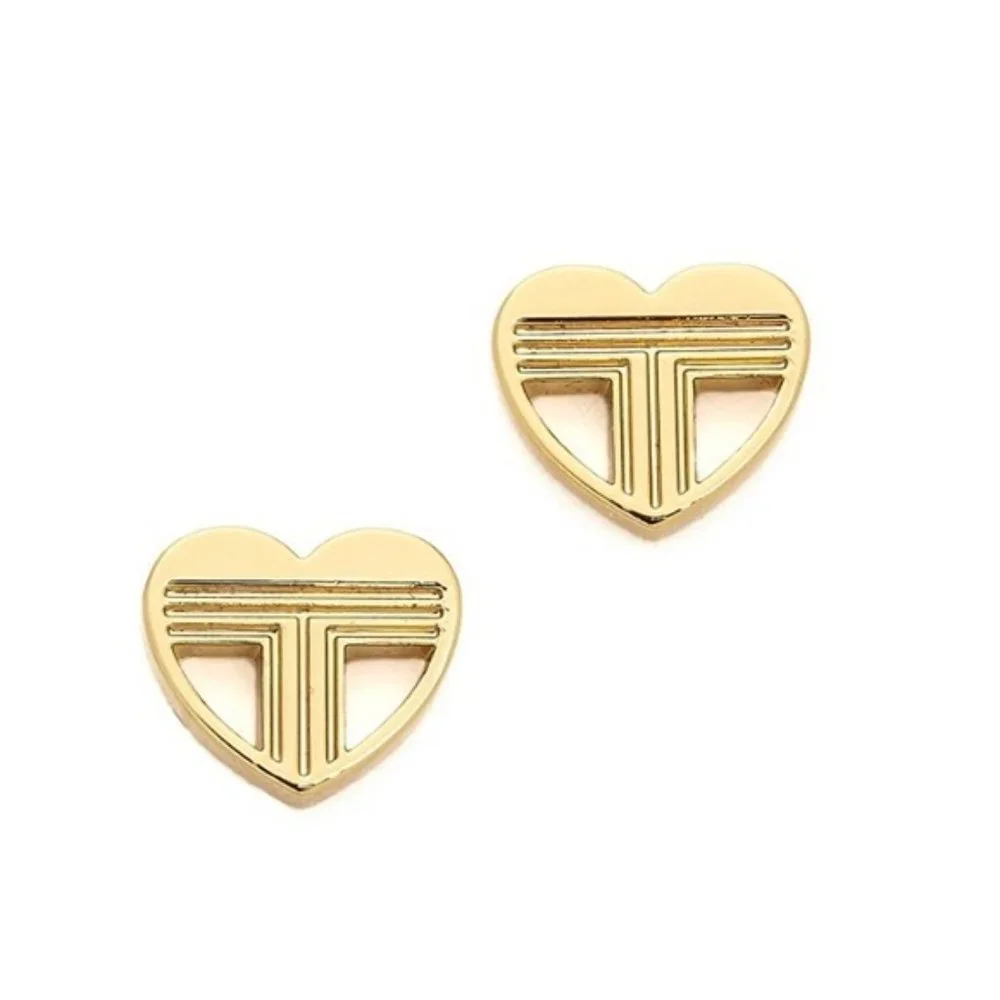 Tory Burch Adeline Fret Stud Earrings Gold hearts logo